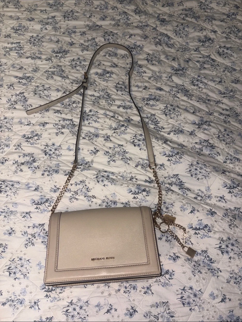 Michael Kors Light Beige Crossbody with Gold Chain Charm
